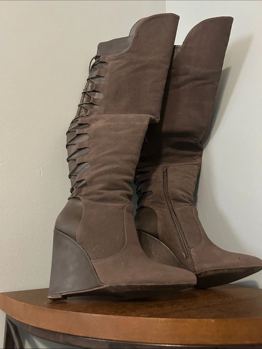 Women's Dark Grey Suede Over-the-Knee Wedge Boots